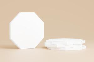 Stacked octagon pizza boxes with 3d abtrack with closed box front view. Beige coloured background Isolated white object, perfect for displaying product brand. 3d rendering of the highest quality photo