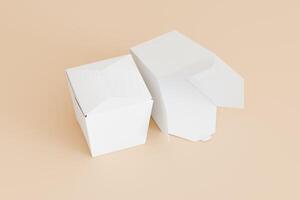 Set of food box isolated laying down behind white blank color on solid beige background with wood chopstick single use disposable packaging for mock-up 3D rendering photo