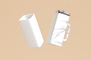 Custom glass coffee cups, white square glass cups with black rubber lids and iron straws on a beige background with leaf images on the glass cups. 3D rendering for product display photo