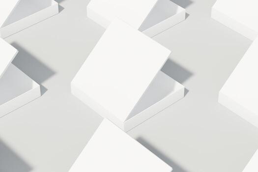 Square pizza boxes in half open and closed state with front view to showcase food products with white background theme, your product branding and 3d rendering illustration isolated photo