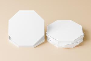 Stacked octagon pizza boxes with 3d abtrack with closed box front view. Beige coloured background Isolated white object, perfect for displaying product brand. 3d rendering of the highest quality photo