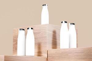 White isolated milk bottles with black caps and label paper, beige background with 3D rendering to show the product photo