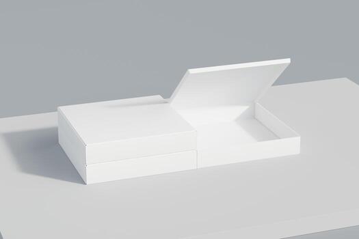 Square pizza boxes in half open and closed state with front view to showcase food products with white background theme, your product branding and 3d rendering illustration isolated photo