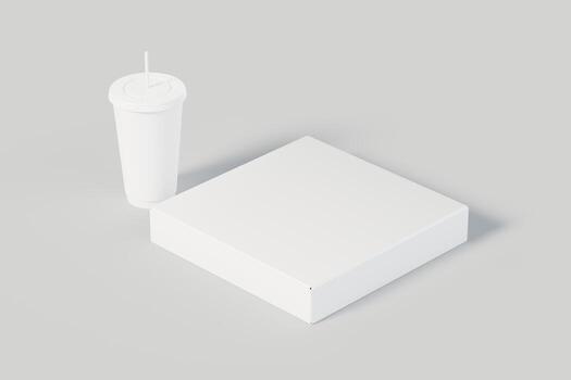 Square pizza boxes in half open and closed state with front view to showcase food products with white background theme, your product branding and 3d rendering illustration isolated photo