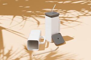 Custom glass coffee cups, white square glass cups with black rubber lids and iron straws on a beige background with leaf images on the glass cups. 3D rendering for product display photo