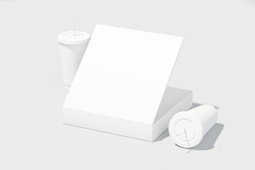 Square pizza boxes in half open and closed state with front view to showcase food products with white background theme, your product branding and 3d rendering illustration isolated photo