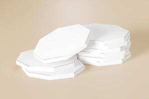Stacked octagon pizza boxes with 3d abtrack with closed box front view. Beige coloured background Isolated white object, perfect for displaying product brand. 3d rendering of the highest quality photo