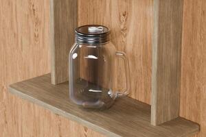 Transparent glass mug jar with stainless steel metal lid and handle placed on a wooden table. Suitable for branding your product with quality 3d rendering. Empty drinking glass, realistic mock-up photo