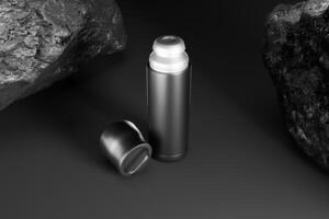Black thermos flask Reusable water bottle for trekking isolated on white background 3D rendering photo