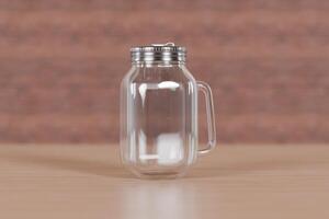 Transparent glass mug jar with stainless steel metal lid and handle placed on a wooden table. Suitable for branding your product with quality 3d rendering. Empty drinking glass, realistic mock-up photo