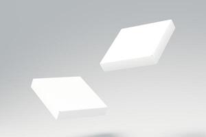 Square pizza boxes in half open and closed state with front view to showcase food products with white background theme, your product branding and 3d rendering illustration isolated photo