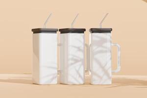 Custom glass coffee cups, white square glass cups with black rubber lids and iron straws on a beige background with leaf images on the glass cups. 3D rendering for product display photo