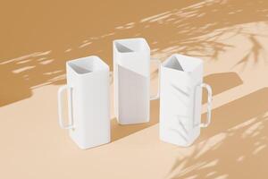 Custom glass coffee cups, white square glass cups with black rubber lids and iron straws on a beige background with leaf images on the glass cups. 3D rendering for product display photo
