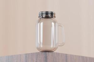 Transparent glass mug jar with stainless steel metal lid and handle placed on a wooden table. Suitable for branding your product with quality 3d rendering. Empty drinking glass, realistic mock-up photo