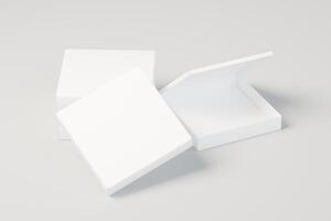 Square pizza boxes in half open and closed state with front view to showcase food products with white background theme, your product branding and 3d rendering illustration isolated photo