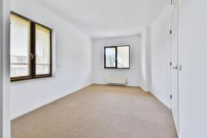 An empty room with a window and carpet photo