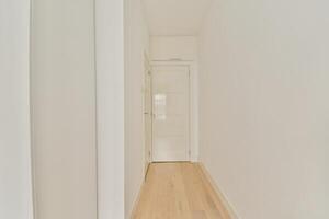 A hallway with white walls and wooden floors photo