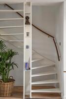 A white staircase with a bookcase and a plant photo