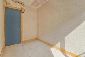 An empty room with a blue door and a window photo