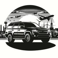 illustration of a car with a city skyline in the background vector