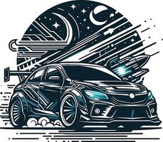 A car with a rocket on it and a space background vector