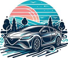 The car is in the middle of the forest with mountains in the background vector
