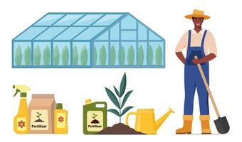African American farmer character and different farm elements. Greenhouse, fertilizers, watering can. Set of elements on farm theme. illustration. vector