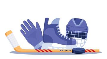 Composition of hockey equipment. Helmet, gloves, stick, puck, skates, whistle, water bottle. illustration. vector