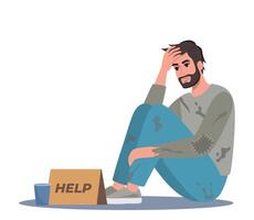 Homeless man holding banner Help. Bum in ragged clothes sitting on ground begging money. Unemployed character asking support in trouble situation, begging. illustration. vector