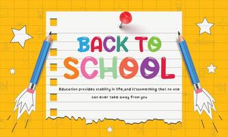 Back to school banner featuring an alarm clock, checkered paper, colorful pencils, and various learning items on hand-drawn doodles. vector