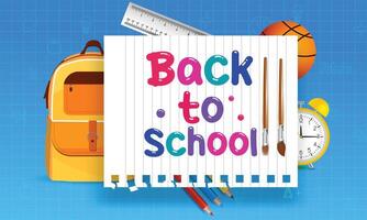 Back to school horizontal banner checkered paper background. Hand-drawn sketch letters and doodles with multicolored pencils on a textured backdrop. vector