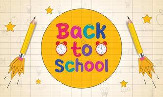 Back to school horizontal banner, featuring checkered paper and learning element icons, perfect for an educational template background. illustration for a back-to-school theme. vector