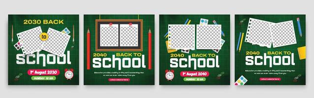 Back to school social media post design with an alarm clock and typography letters on a chalkboard background. vector