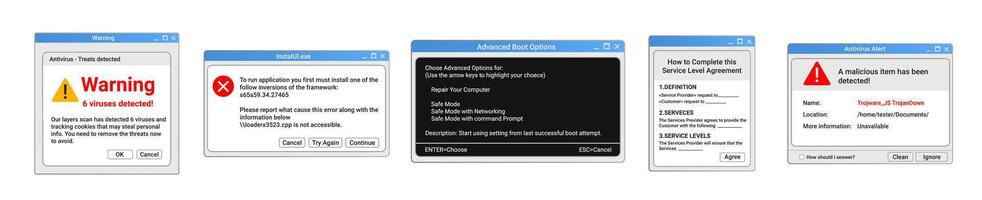 Warning notifications about viruses. Boot menu options. vector