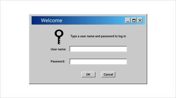 Old system registration window in blue color. Retro password window. vector