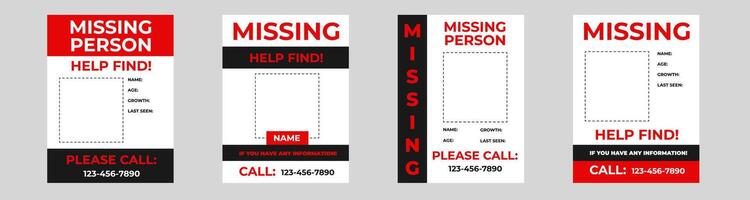 Set of missing person posters in red style with warning information. vector