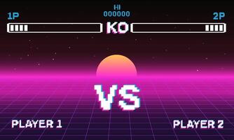 Fight retro game interface in pink style with white VS icon in pixel. vector