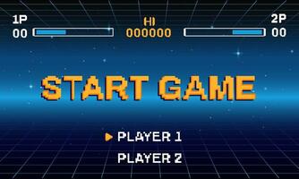 Fight retro game start menu with player choice in pixel style vector