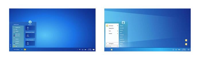 Modern desktops in blue color with start menu and account options. vector