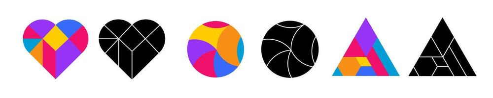 Tangram game heart, circle and triangle figures in colorful and black style. vector