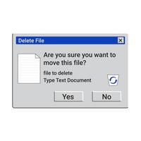 Retro delete file message. Recycling bin window. Remove text document. vector