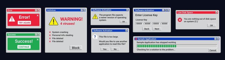 Old error notifications. Software activation window. Antivirus detected malware. vector