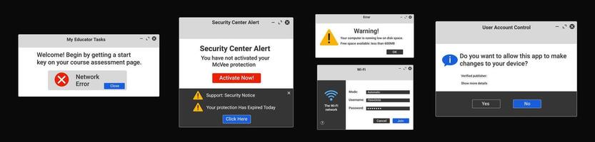 Security center alert popup. The wifi network interface. User account control. vector