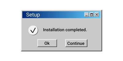 Old setup window wit blue color. Installation completed message. vector