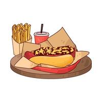 Hotdog Full of Sauce and French Fries illustration vector
