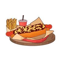 savory hotdog with french fries vector