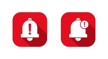 Warning notification bell icon on red square. Exclamation mark on bells vector