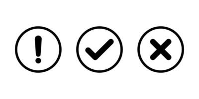 Exclamation mark, tick, and cross icon on circle line vector