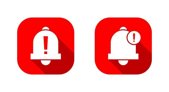 Warning bell icon with long shadow. Exclamation mark with bells on red square vector