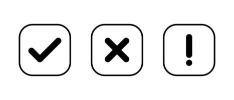 Tick, cross, and exclamation mark icon on square line vector